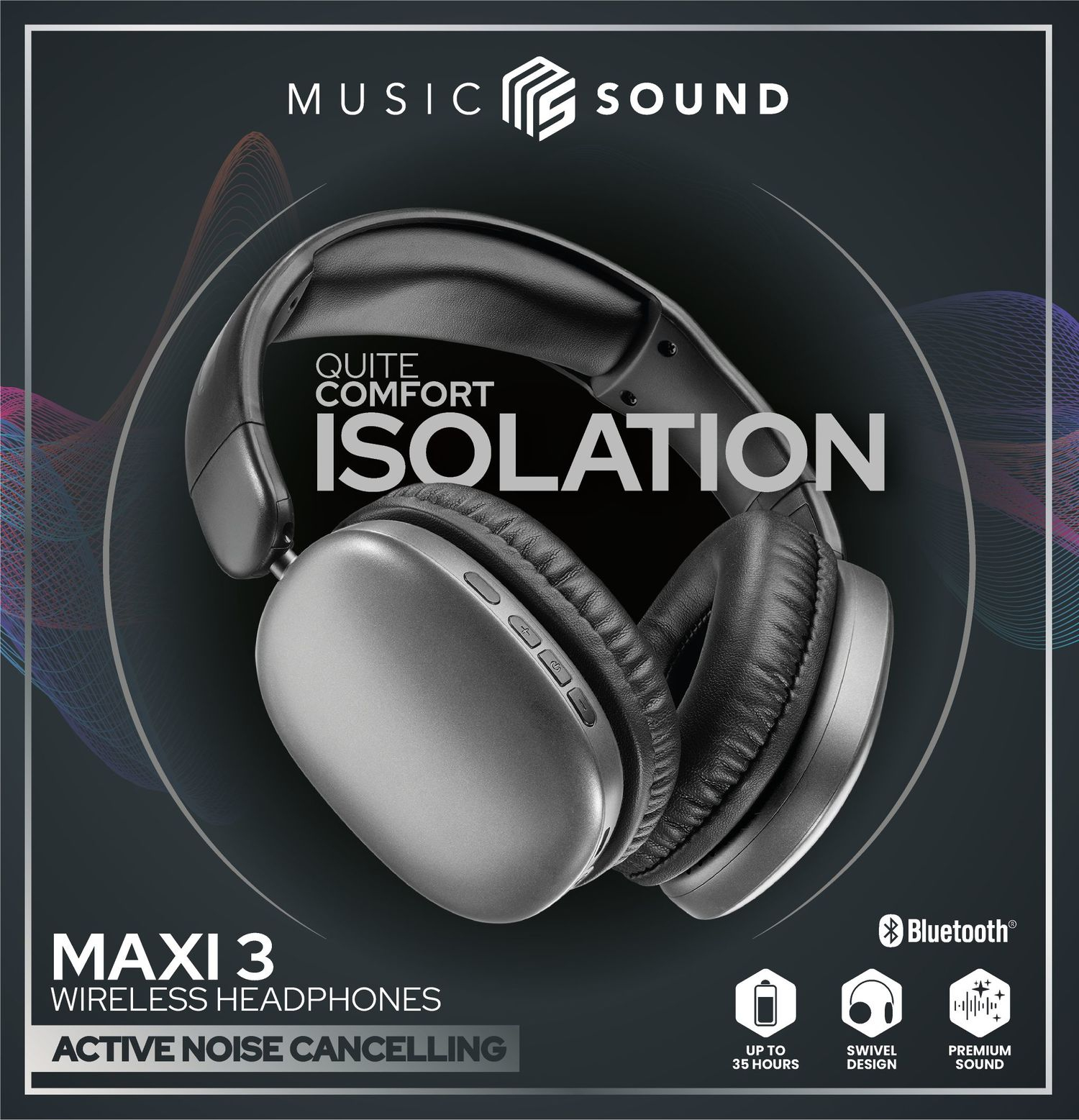 Cellularline Music & Sound MAXI 3 Bluetooth-Kopfhörer mit ANC, 27 h Akkulaufzeit, Schwarz
