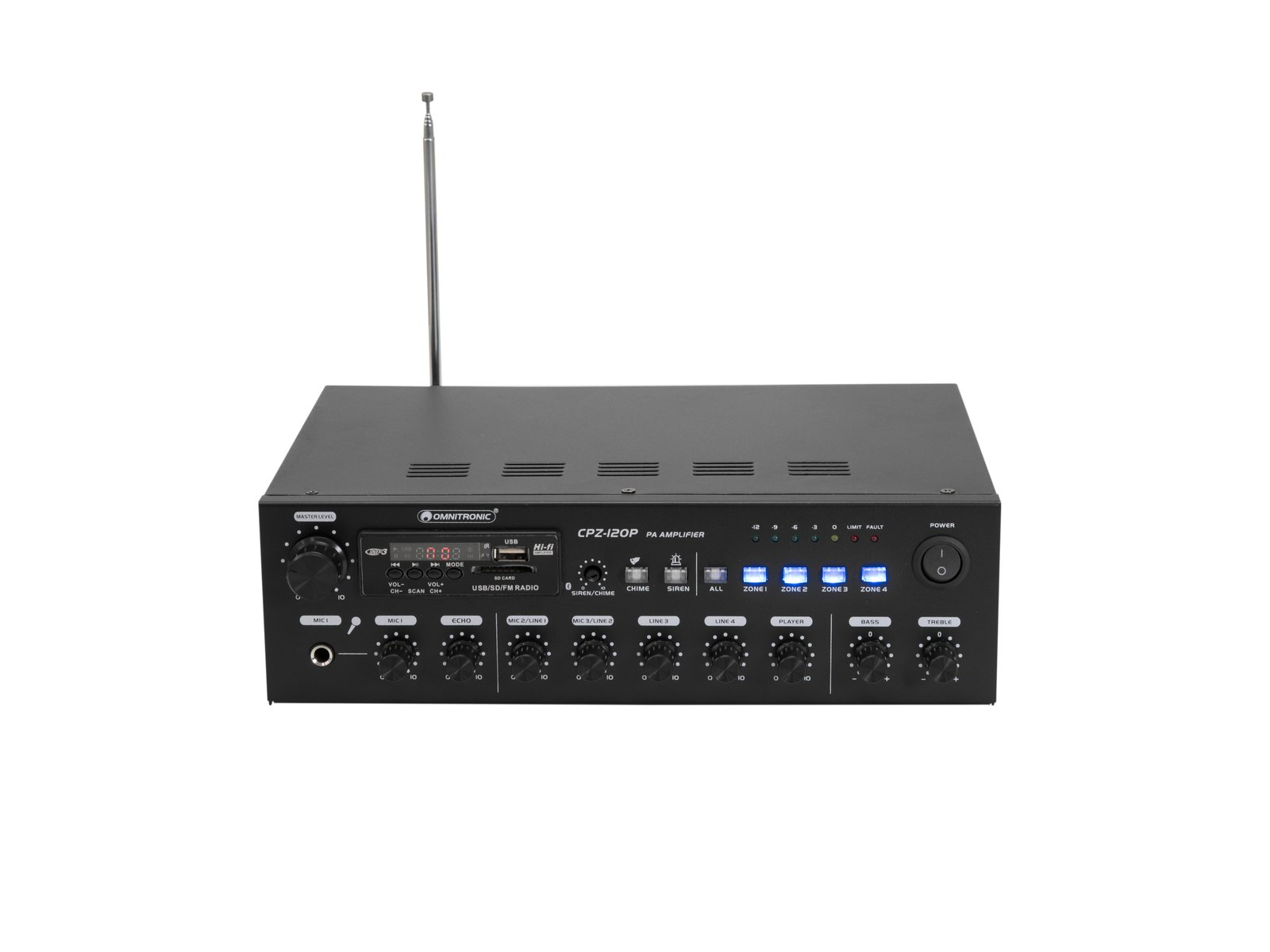 Omnitronic 80709704 4-Zonen PA Mono Mischverstärker 120 W Klasse D MP3 Bluetooth Schwarz