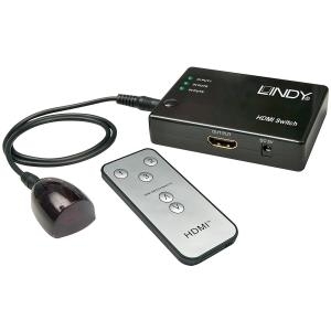 Lindy Compact HDMI Switch 3:1 Remote Full HD 1080p 3D Schalten Sie zwischen 3 HDTV/HDMI-Geräten an Ihrem HDTV-Fernseher, Monitor oder Beamer um (38034)