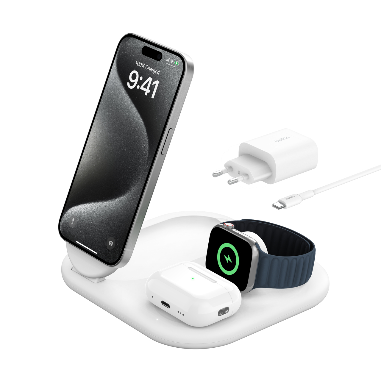 Belkin BoostCharge 3-in-1 Kabelloses Ladegerät mit Qi2 15 Watt Weiß
