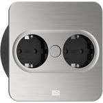 Bachmann TWIST 2 Metallische Abdeckscheibe eckig, Edelstahl-Optik, 2xSchutzkontaktsteckdosen schwarz mit erhöhtem Berührungsschutz, Zuleitung 2,0m H05VV-F3G1,5mm² schwarz mit Aderendhülsen und beigelegtem Schutzkontakt-Montagestecker, verpackt im Karton. (946.001)