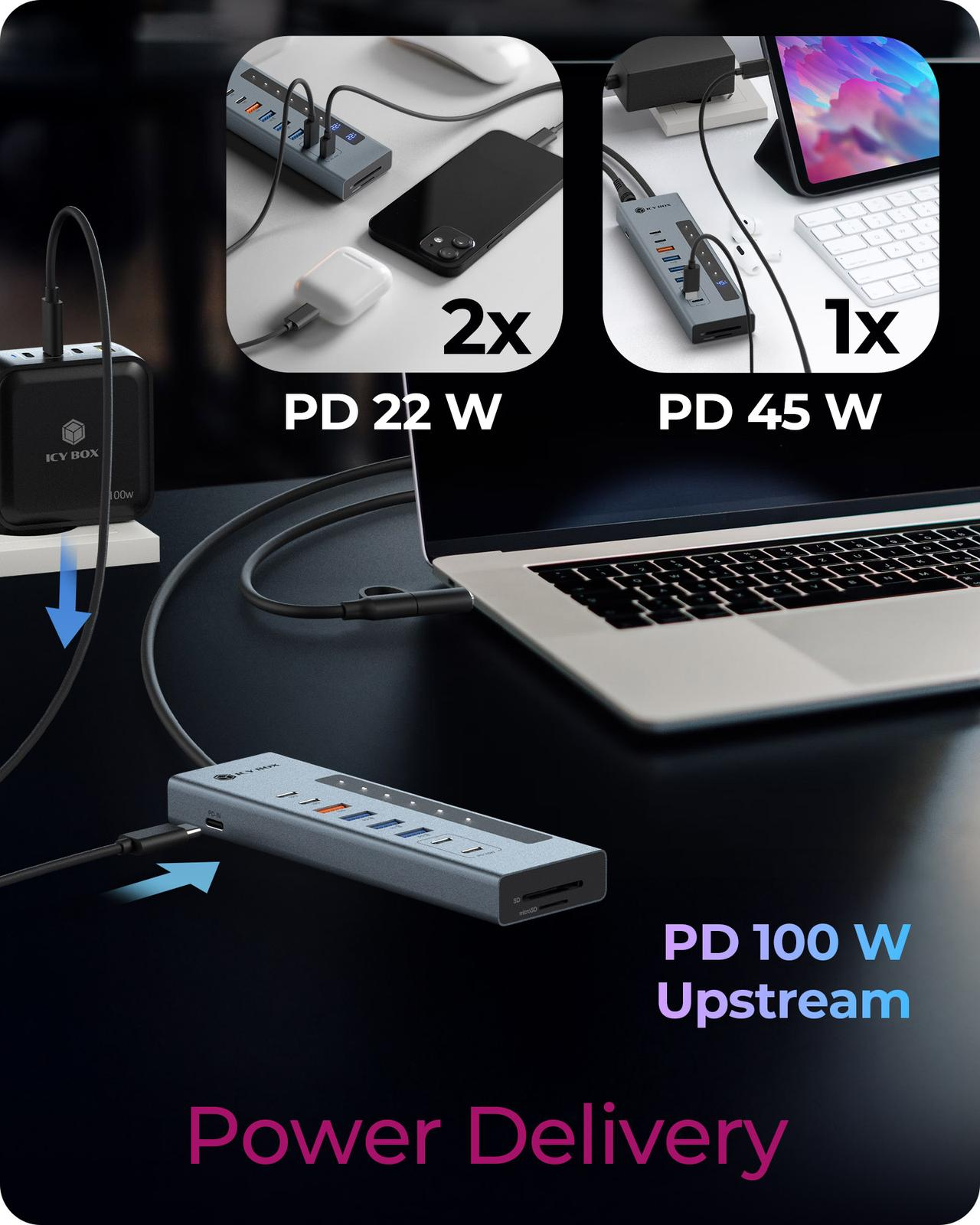 ICY BOX IB-HUB1742CR-C2PD USB 3.2 Gen 2 Hub mit PD und Kartenleser Schwarz