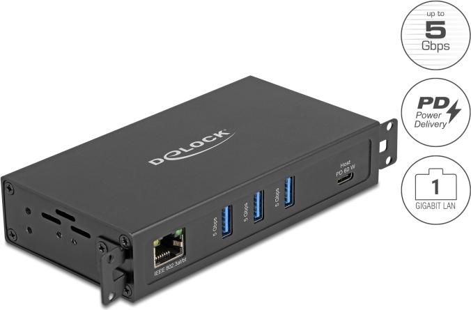 Delock 3 Port USB 5 Gbps Hub+ RJ45 Gigabit LAN PoE++ mit Type-C Host-Anschluss im (64336)