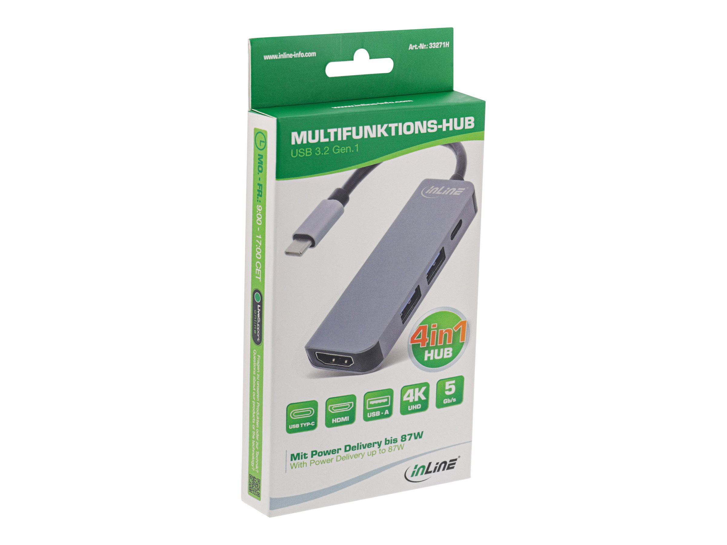 InLine 33271H Multifunktions-Hub USB 3.2 Gen.1 2x USB-A 5Gb/s HDMI 4K/30Hz USB-C PD 87W Grau