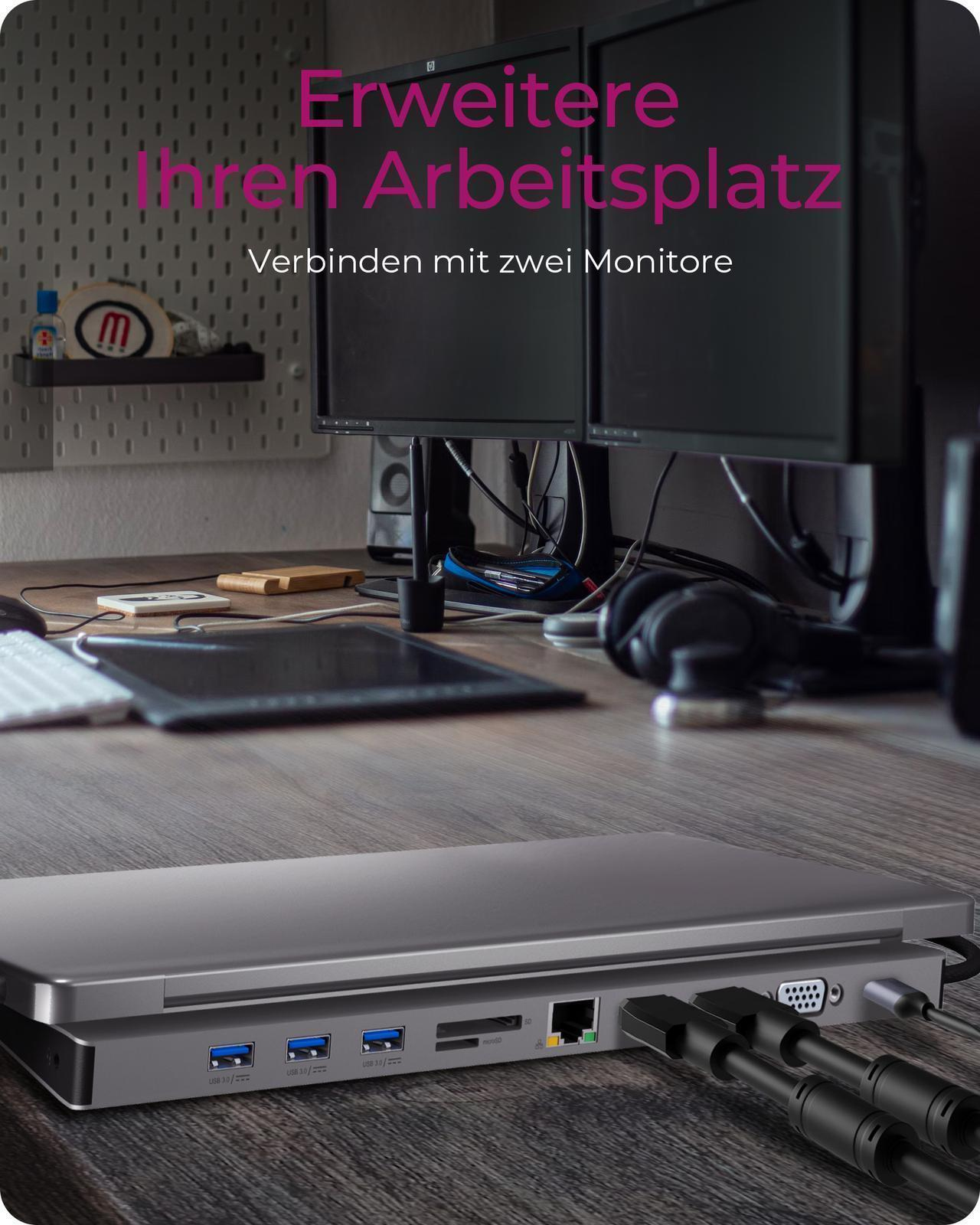 ICY BOX IB-DK2106a-CPD Dockingstation USB-C 11-in-1 mit Power Delivery Anthrazit, Schwarz
