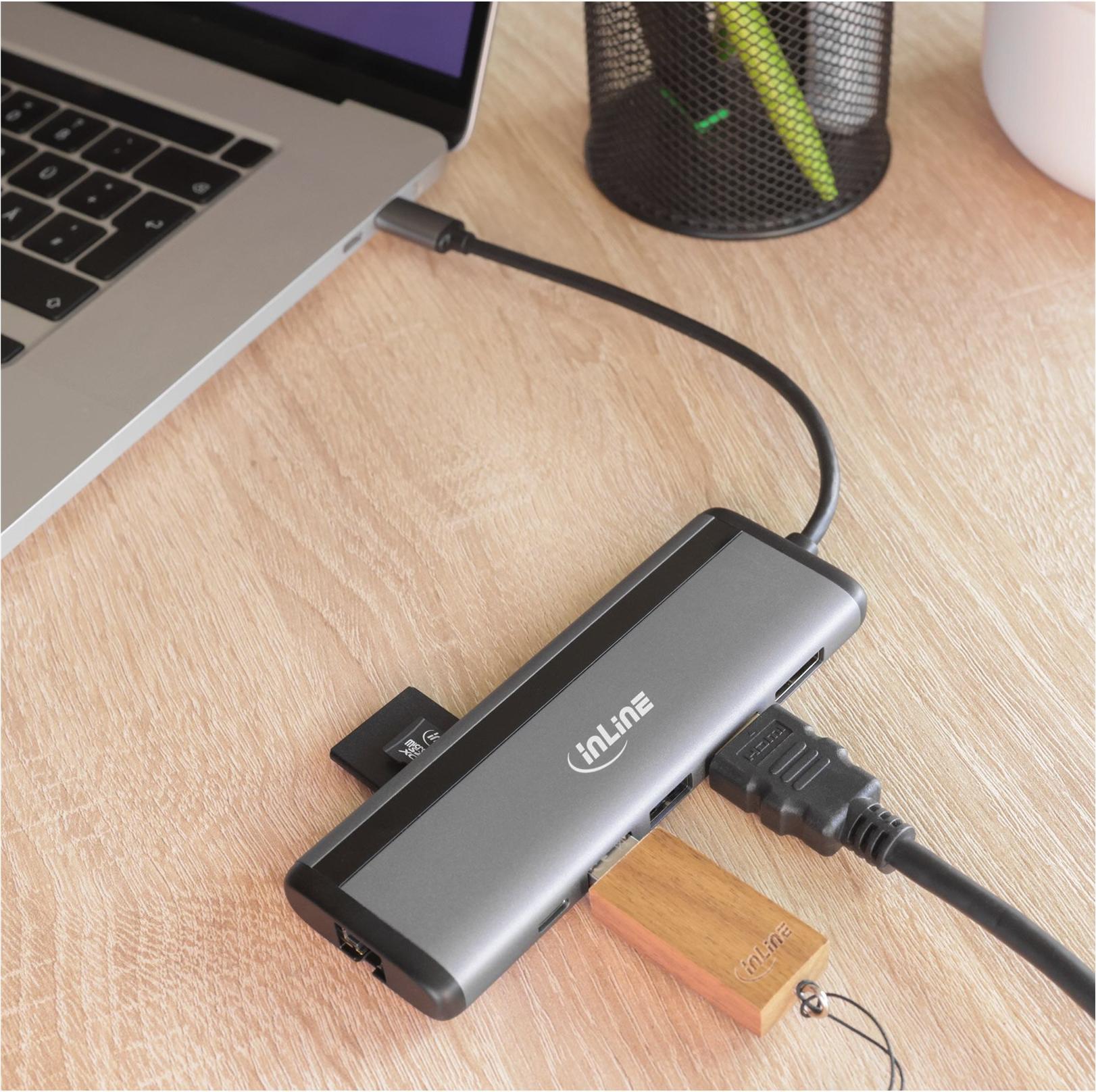InLine 8-in-1 USB-C Multihub HDMI DP PD 100W Grau