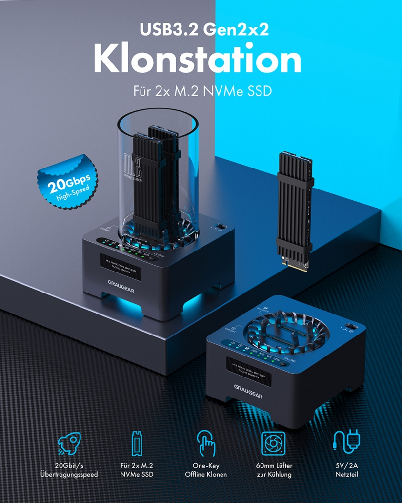 GrauGear G-M2DK-CL-20G Dockingstation 2x M.2 NVMe USB 3.2 Schwarz