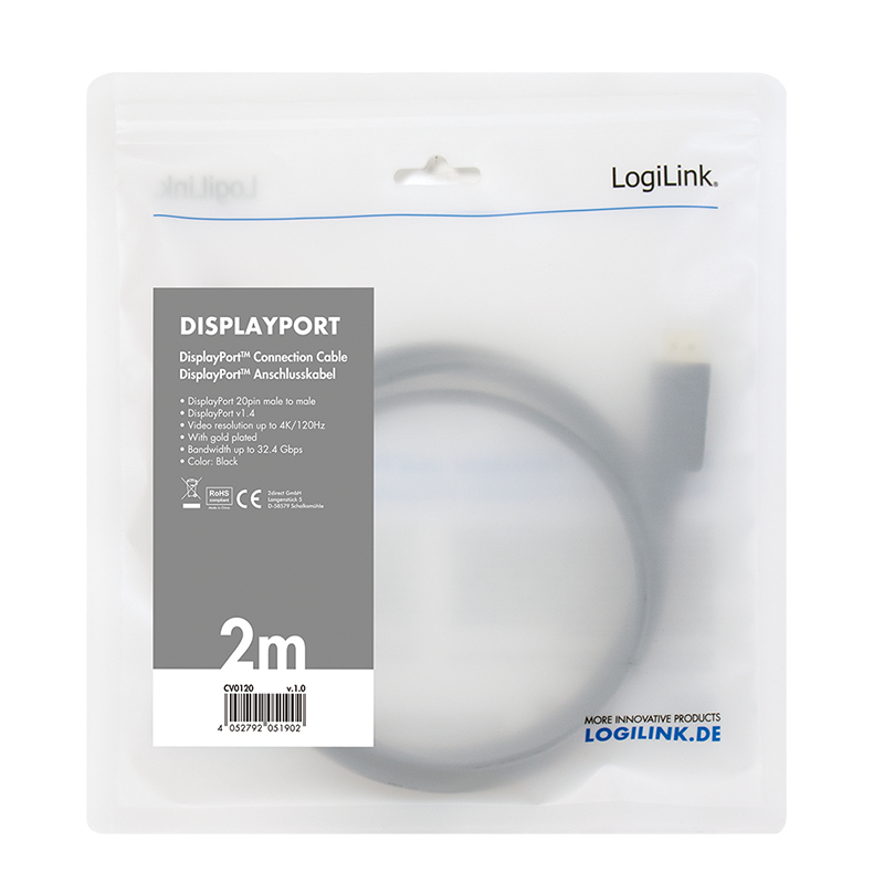 LogiLink DisplayPort-Kabel DisplayPort 1.4 2 m Schwarz