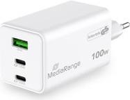MediaRange 100W GaN Schnellladeadapter (EU-Stecker), 2x USB-C und 1x USB-A, unterstützt USB-C® Power Delivery und Quick Charge?, Weiß (MRMA123)
