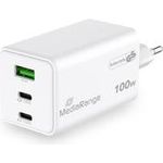 MediaRange 100W GaN Schnellladeadapter (EU-Stecker), 2x USB-C und 1x USB-A, unterstützt USB-C® Power Delivery und Quick Charge?, Weiß (MRMA123)