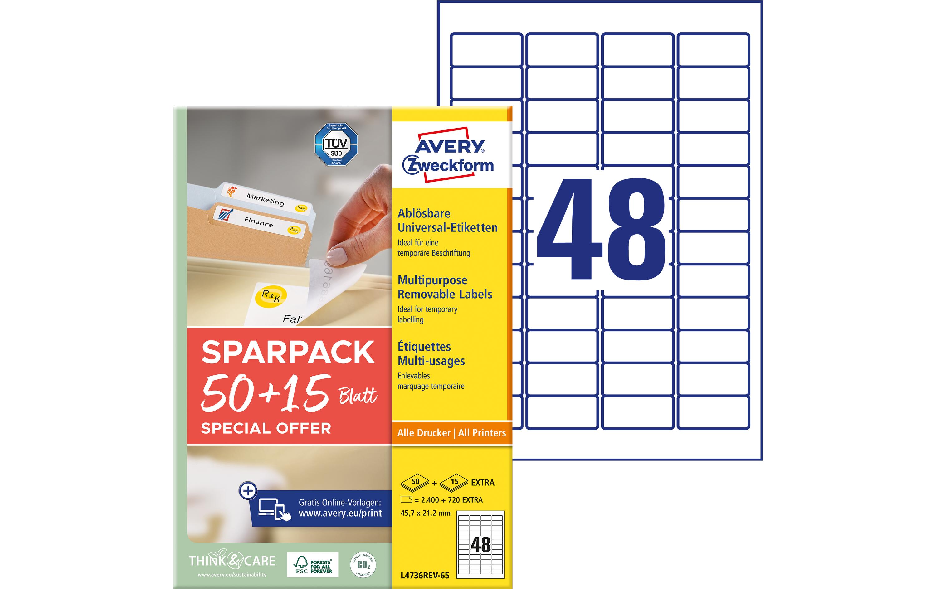 Avery Zweckform L4736REV-65 Universal-Etiketten 45,7 x 21,2 mm 65 Blatt wiederablösbar Weiß