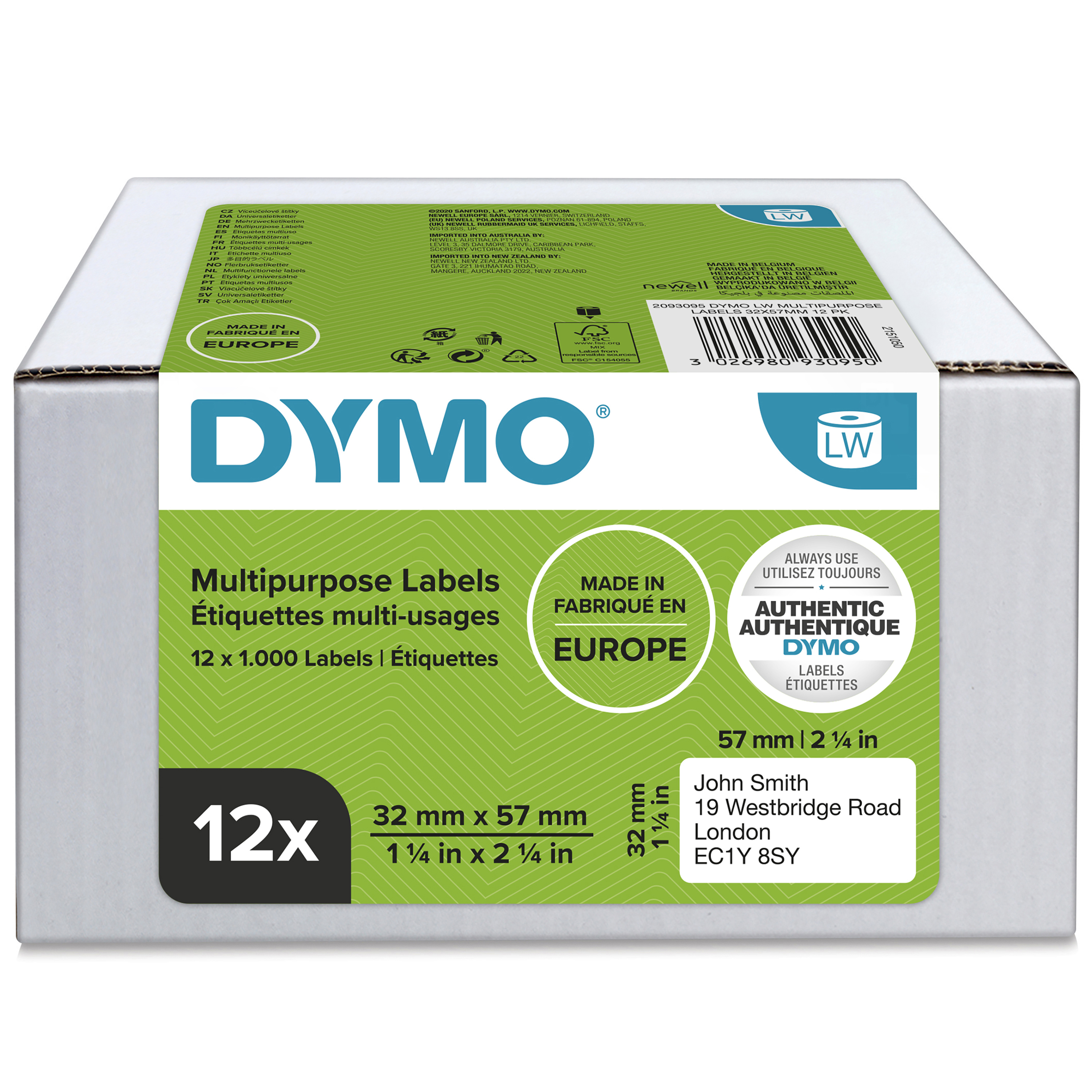 DYMO LabelWriter Mehrzwecketiketten 32 x 57 mm 12 Rollen (12.000 Etiketten) Weiß