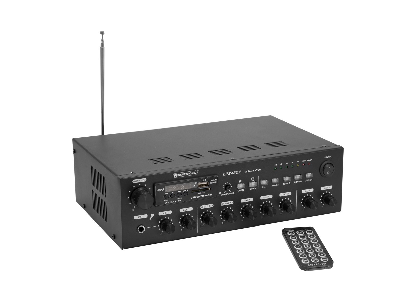 Omnitronic 80709704 4-Zonen PA Mono Mischverstärker 120 W Klasse D MP3 Bluetooth Schwarz