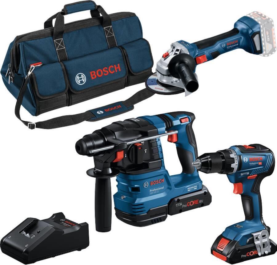 Bosch Kombi-Set 18V: GSR 18V-55 + GWS 18V-7 + GBH 18V-22, Werkzeug-Set - (blau, 2x Akku ProCORE18V 4,0Ah, Werkzeugtasche) (0615A50035)