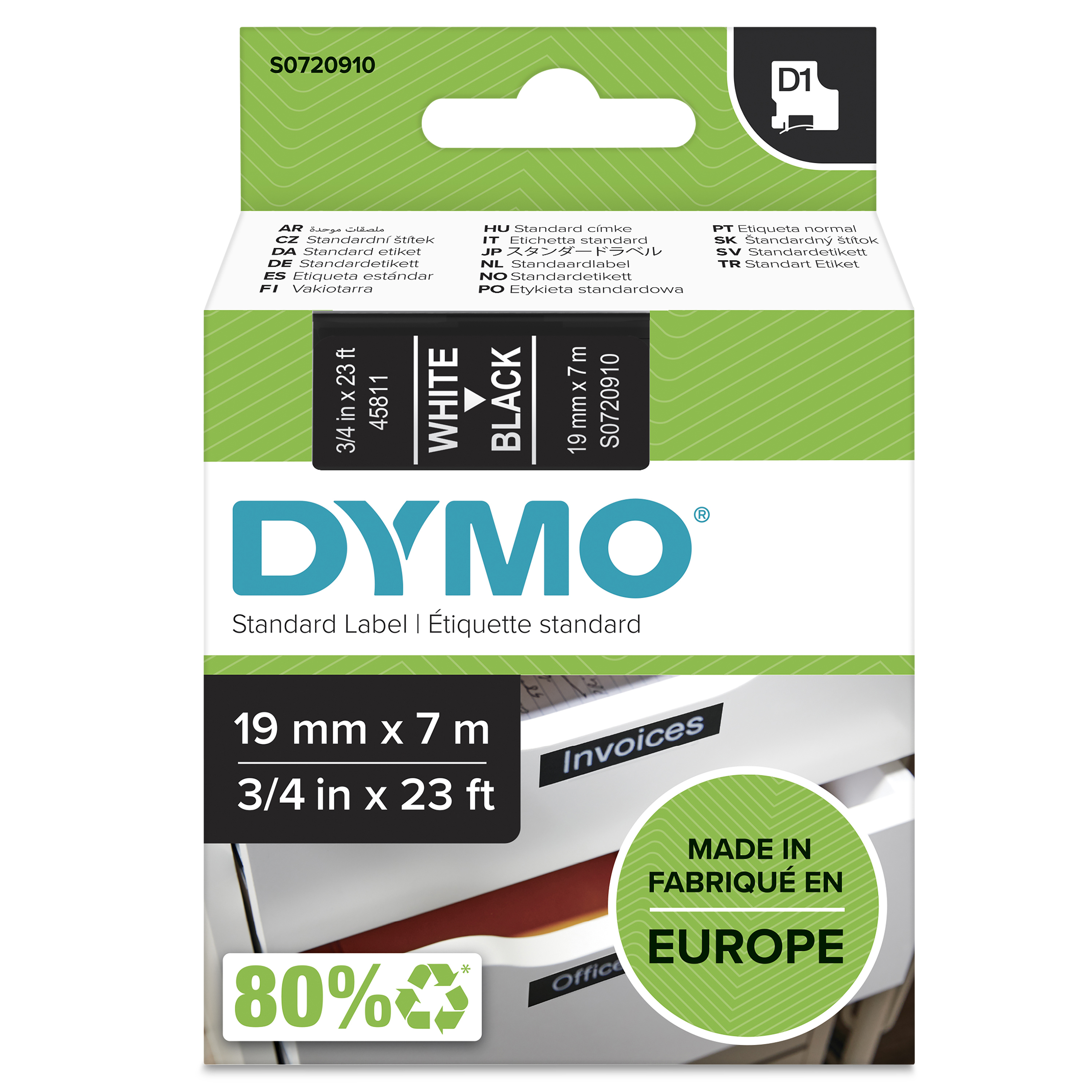 Dymo D1 Etikettenband 19 mm x 7 m Weiß auf Schwarz