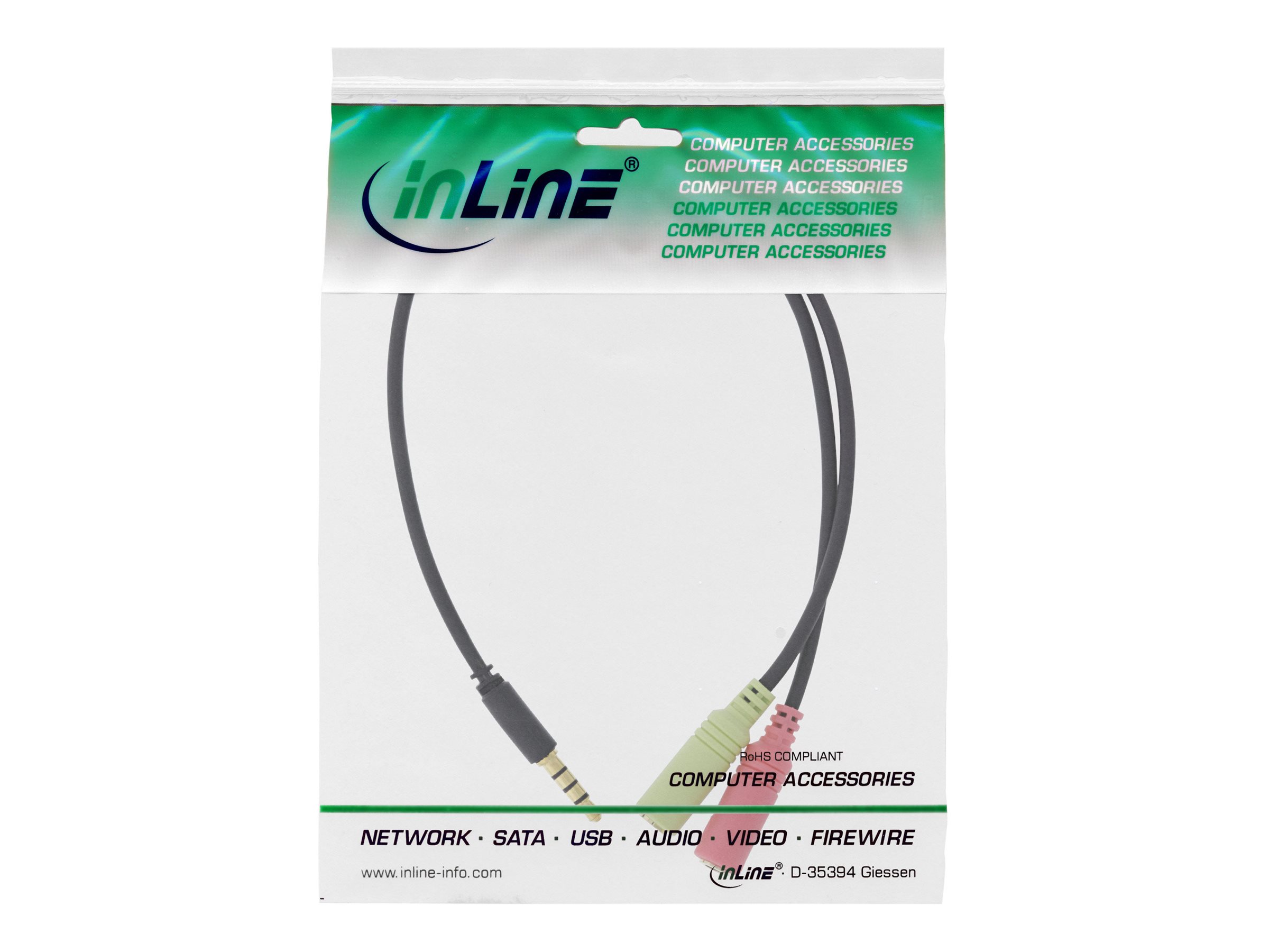 InLine Headset-Adapterkabel 3,5 mm Klinke Stecker 4-polig an 2x 3,5 mm Klinke Buchse 0,15 m Schwarz