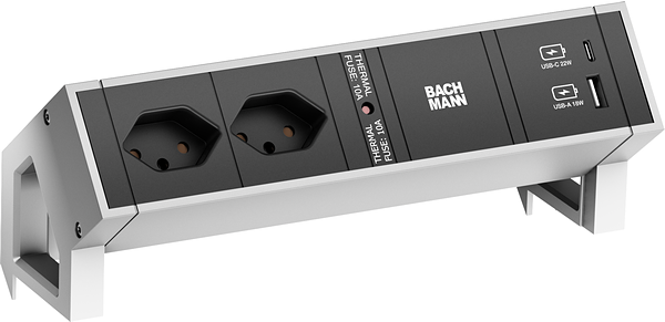 Bachmann DESK2 Steckdosenleiste INOX mit erhöhtem Berührungsschutz 2xCH T13 Steckdosen Schweiz, schwarz inkl. Thermosicherung 1xUSB A&C 22W Charger Zuleitung 0,2m H05VV-F3G1,5mm² schwarz mit GST18i3 Stecker inkl. Haltewinkel Logo verpackt im Karton (902.907)