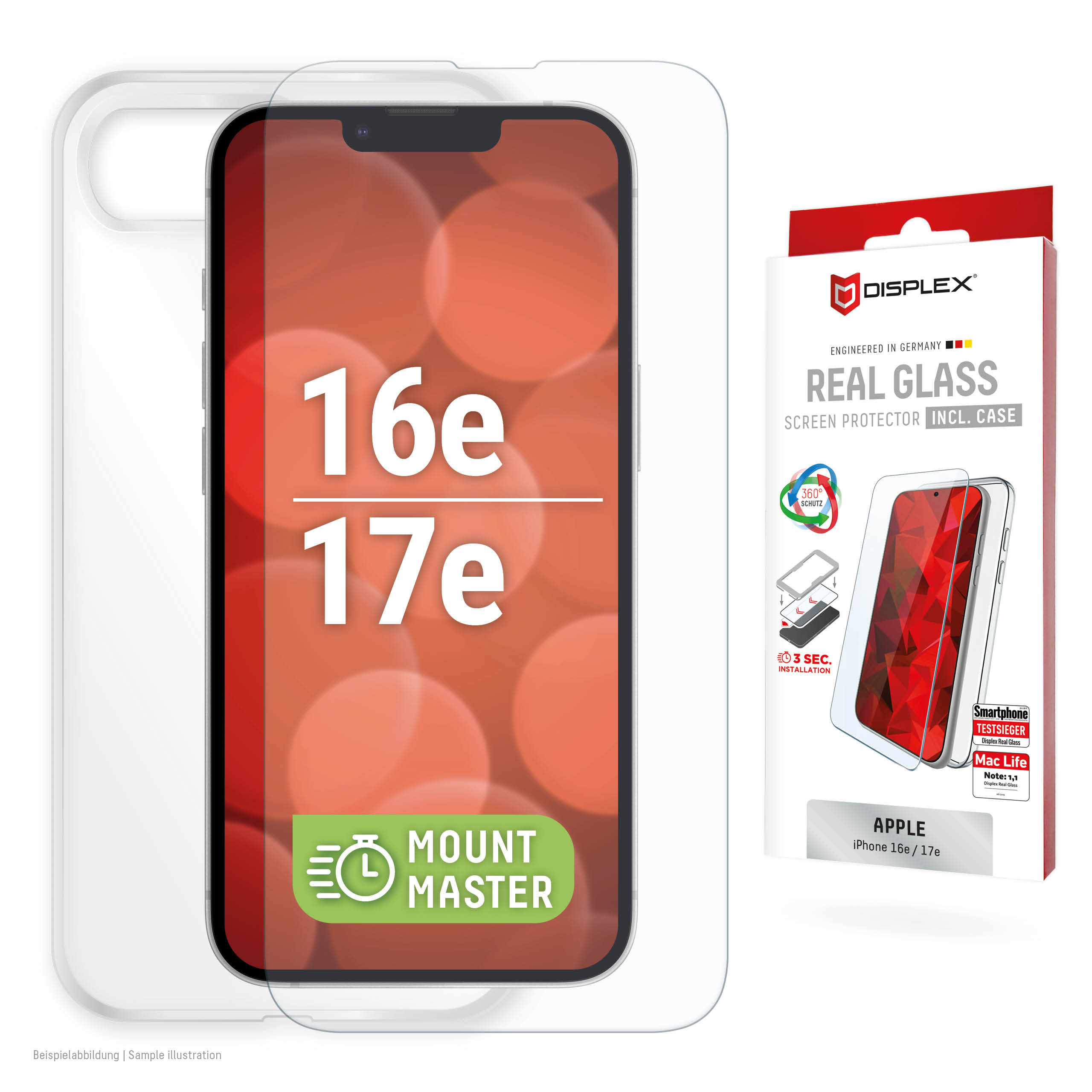 E.V.I. DISPLEX Real Glass MountMaster Panzerglas + Schutzhülle für iPhone 16e/17e Transparent