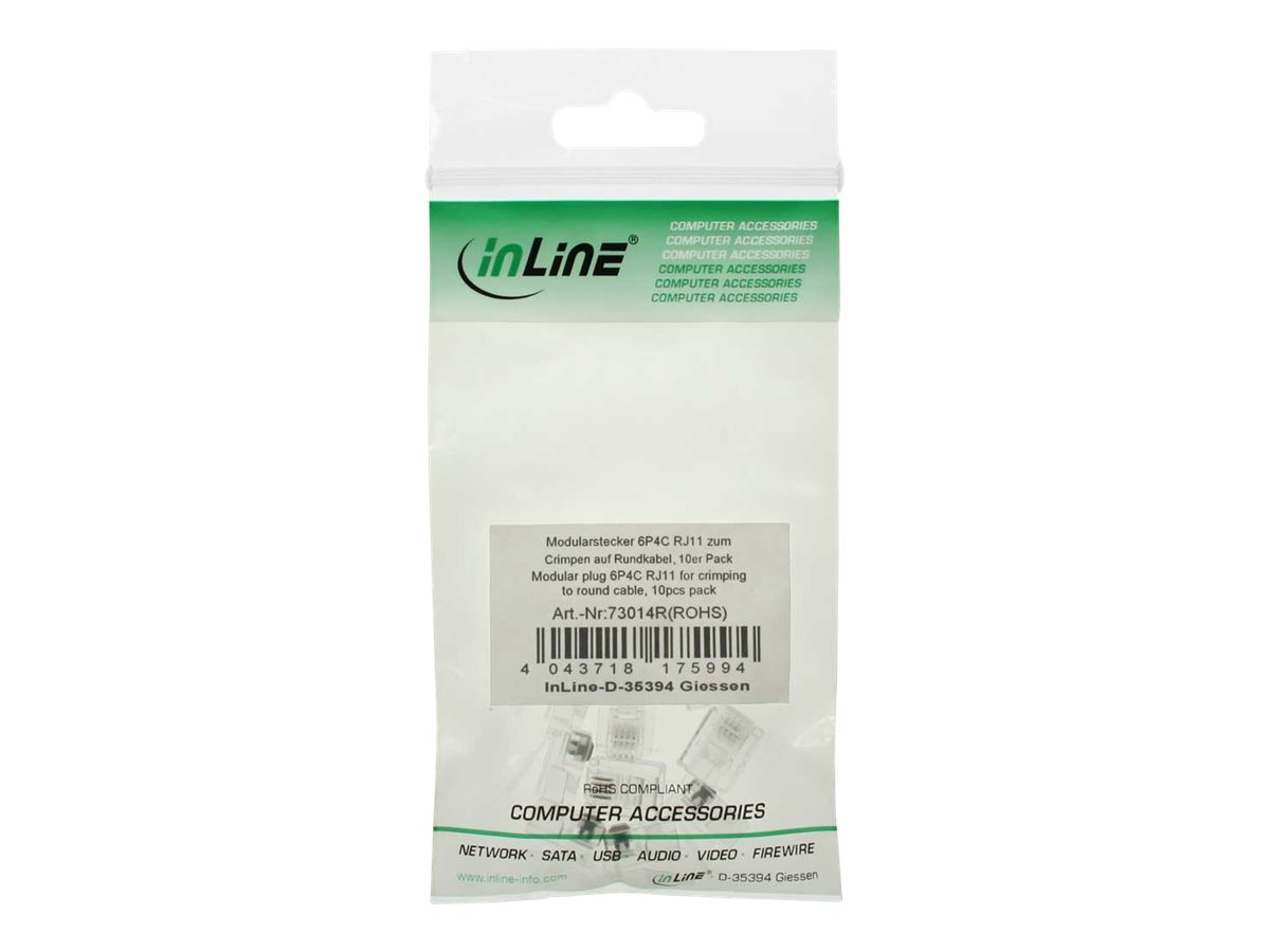 InLine Modularstecker 6P4C RJ11 für Rundkabel, Crimpen, 10er Pack, Transparent/Weiß