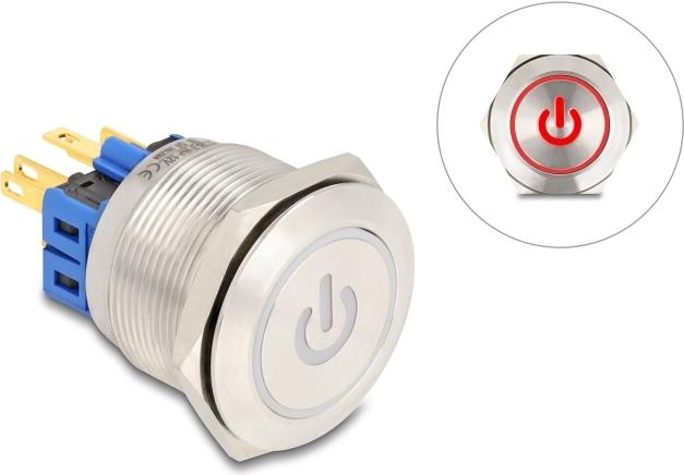 Delock Drucktaster zum Einbau 25 mm 6 x Lötanschluss LED rot Powersymbol+ (20987)