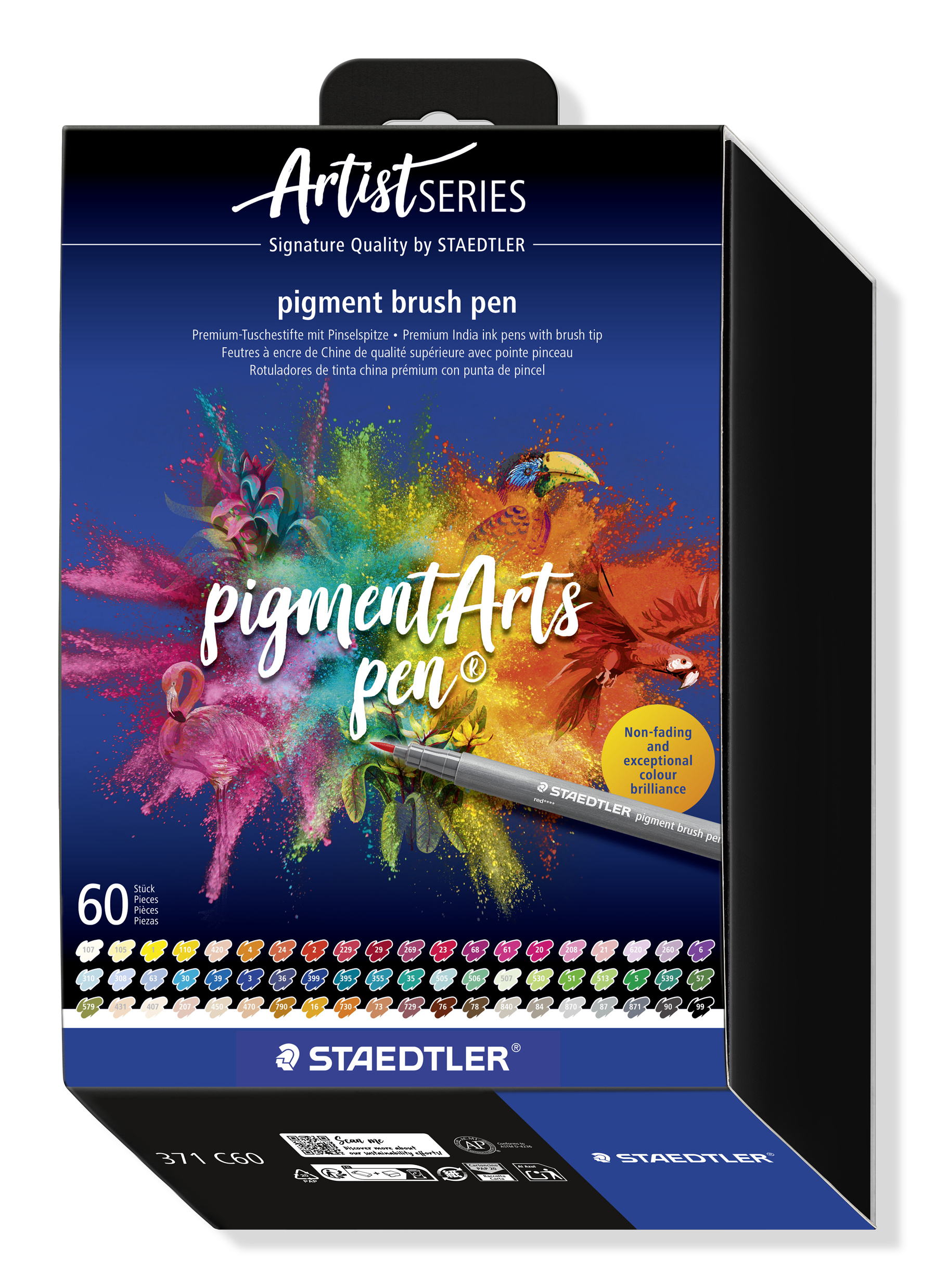 STAEDTLER Pigment Brush Pen 60er Kartonetui Pinselspitze wasserfest Mehrfarbig