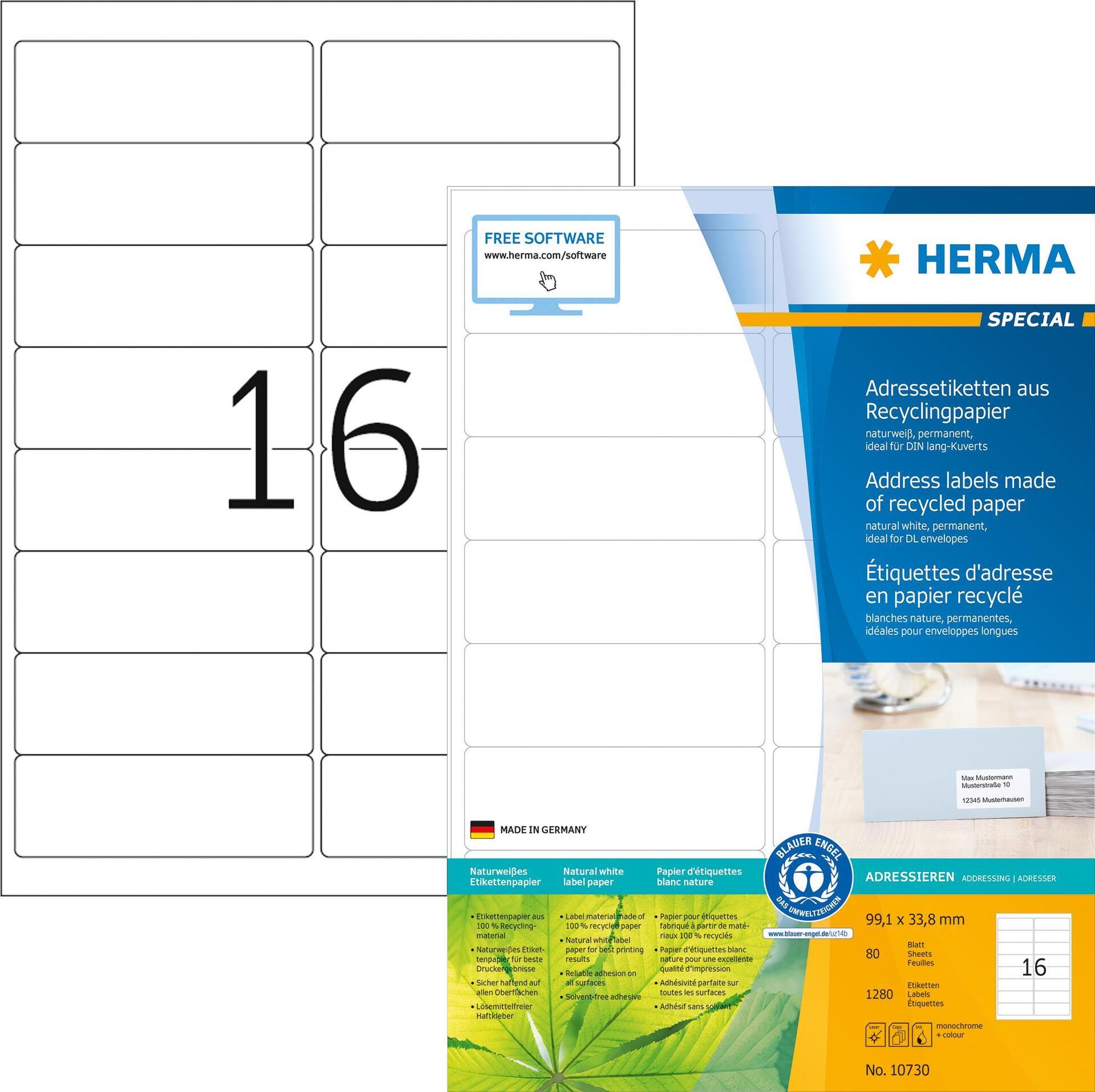 HERMA Etiketten A4 99,1x33,8   mm Rec.Blauer Engel 1280 St