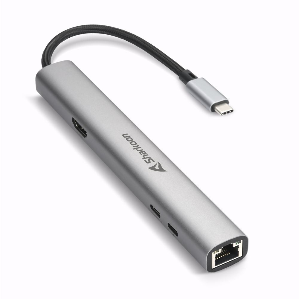 Sharkoon OfficePal Combo Adapter Dockingstation HDMI USB-C Gigabit Ethernet Grau