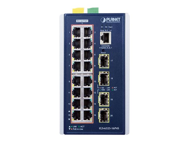 PLANET IGS-6325-16P4S L3 Managed Switch 16 x 10/100/1000 PoE+ + 4 x Gigabit SFP Aluminium Blau