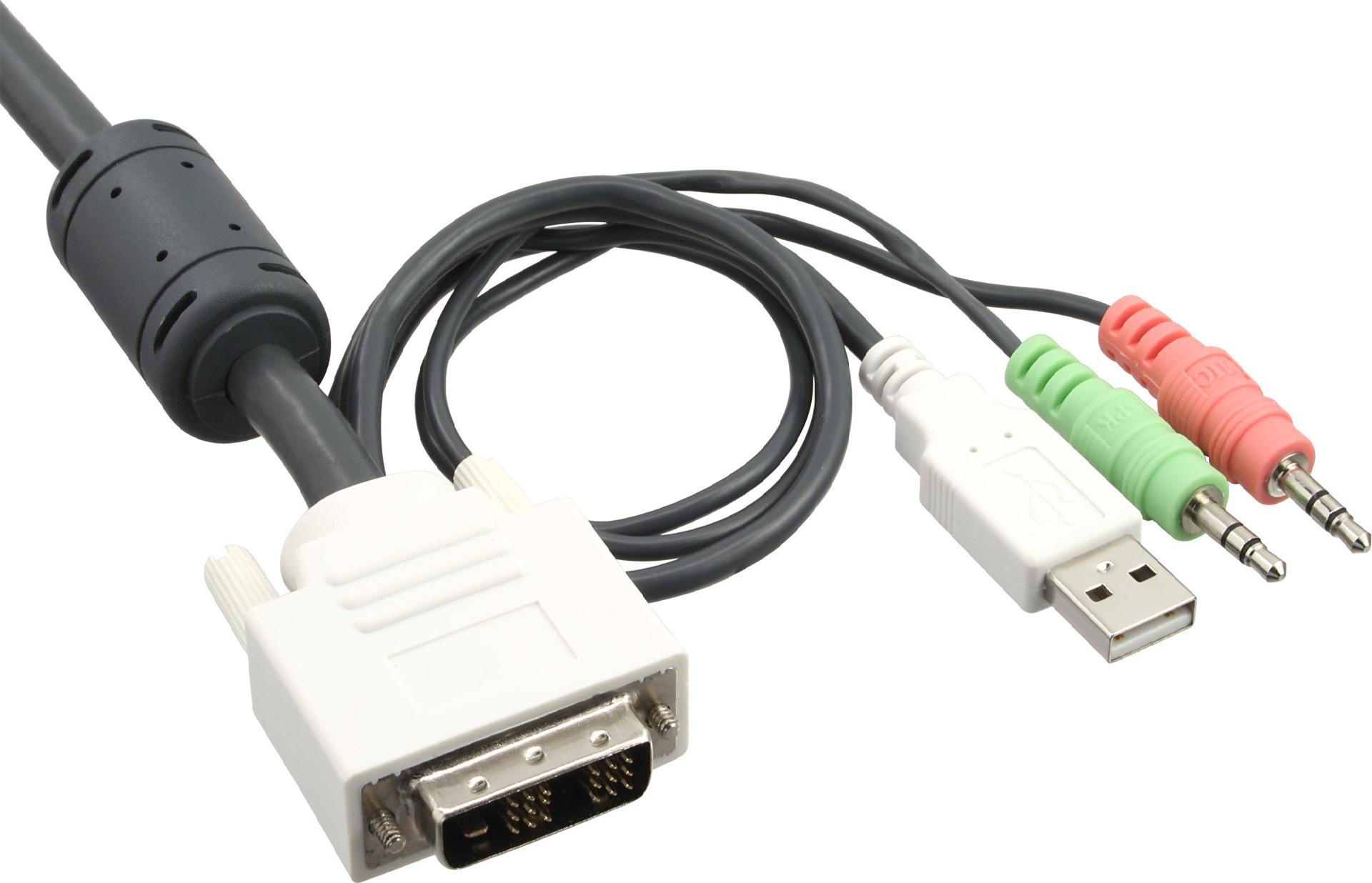 InLine KVM-Switch, 4-fach, DVI-D, USB 2.0, mit Audio und integrierten Kabeln, Weiß