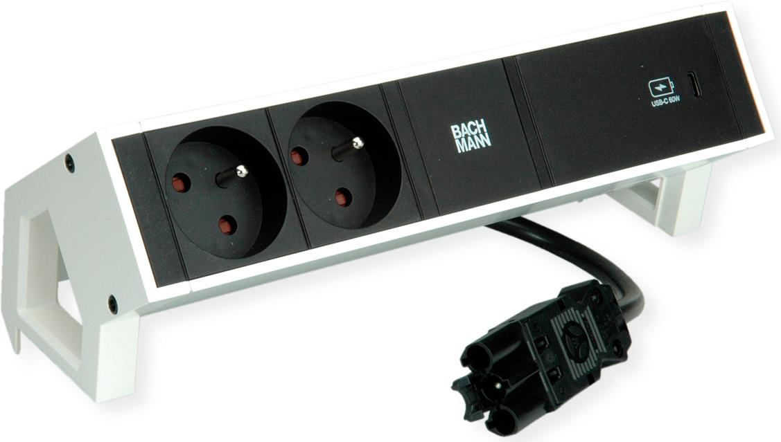 Bachmann DESK2 Steckdosenleiste Farbe weiss, ähnlich RAL9010 mit erhöhtem Berührungsschutz 2xUTE 35° Steckdosen, schwarz 1xUSB C 60W Charger Zuleitung 0,2m H05VV-F3G1,5mm² schwarz mit GST18i3 Stecker inkl. Haltewinkel Logo verpackt im Karton (902.952)