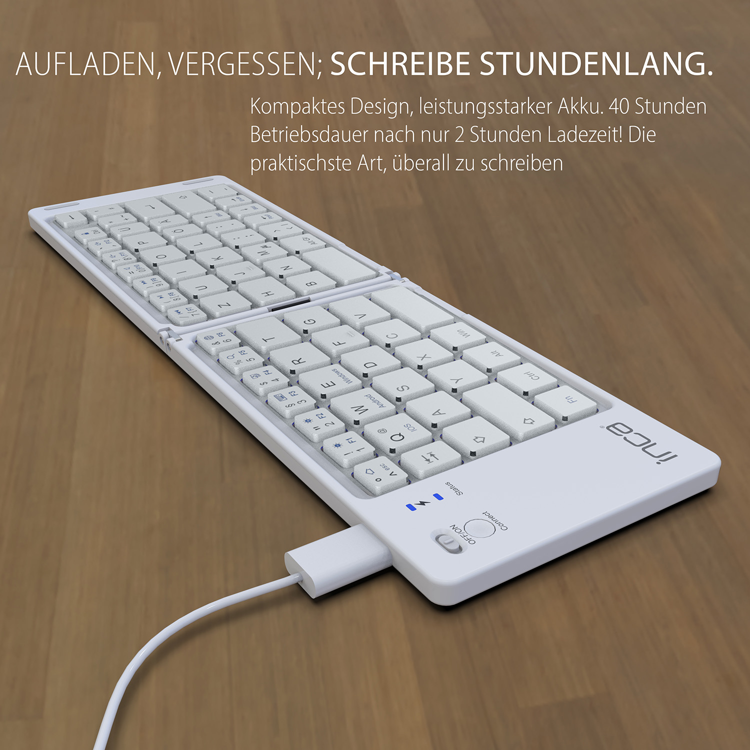 INCA IBK-580BT Kabellose Mini-Tastatur Faltbar Bluetooth 5.0 USB-C Weiß