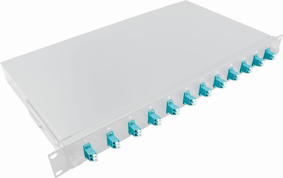 19" Komplett bestückte Spleißboxen LC-DX 12 Port, Multi Mode OM3, 1HE, hellgrau, LogiLink® [F12LC3G] (F12LC3G)