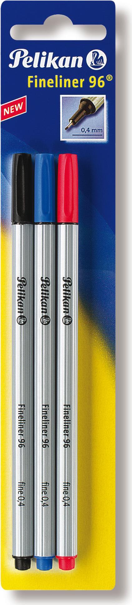 PELIKAN Fineliner 96 sort./3 Farben metallgefasste Spitze ergonomisches Rillenprofil Strichstaerke 04 mm sortiert auf Blisterkarte (00940627)