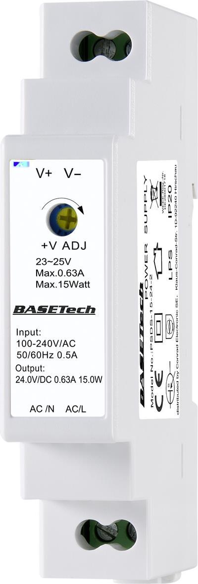 Basetech PSDS-15-24-2 Hutschienen-Netzteil (DIN-Rail) 24 V 0.63 A 15 W Anzahl Ausgänge:1 x Inhalt 1 St. (BT-2250248)