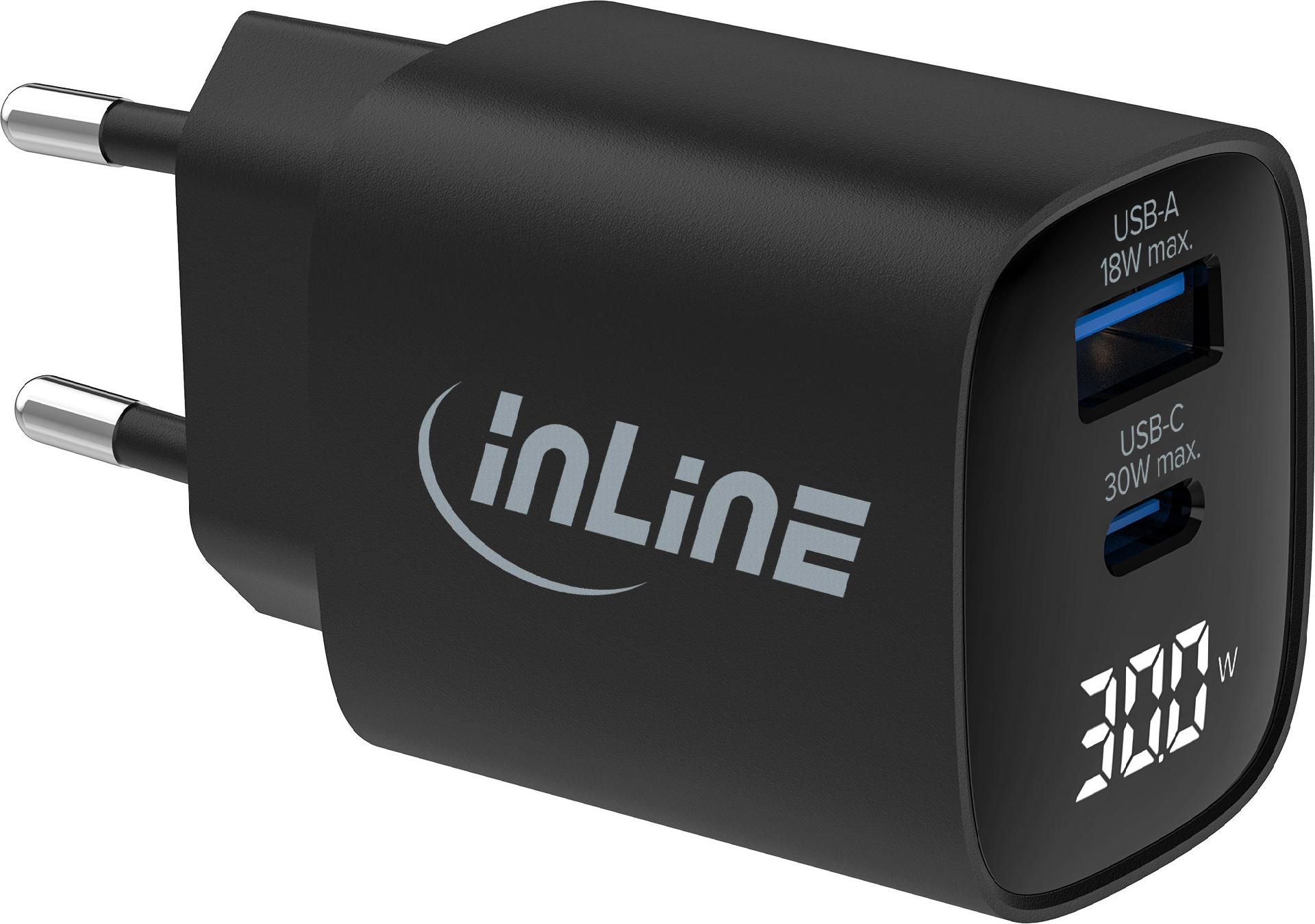 InLine GaN Netzteil USB-C + USB-A 30 W mit Display Schwarz