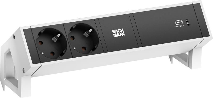 Bachmann DESK2 Steckdosenleiste Farbe weiss, ähnlich RAL9010 mit erhöhtem Berührungsschutz 2xSchutzkontaktsteckdosen schwarz 1xUSB C 60W Charger Zuleitung 0,2m H05VV-F3G1,5mm² schwarz mit GST18i3 Stecker inkl. Haltewinkel Logo verpackt im Karton (902.934)