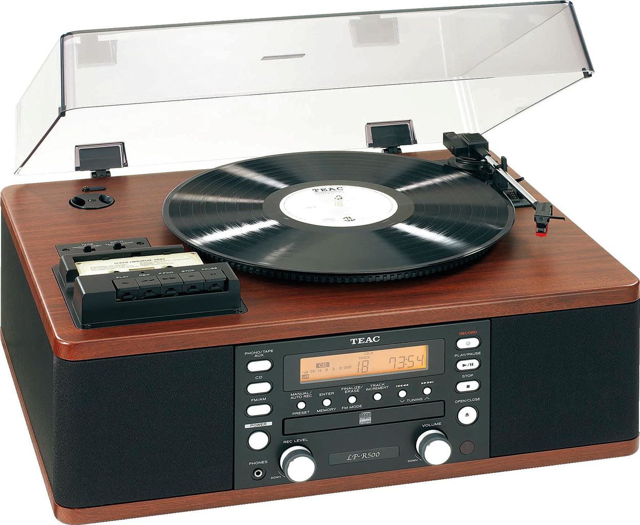 Teac LP-R500A Platten-/Kassetten-/CD-Recorder/Radio Kombi mit Aufnahmefunktion (CD Player, LPs, Musikkassetten, Radiosendungen auf CD kopieren Bass-Reflex-Lautsprecher), Braun/Schwarz (TE09LPR5AG50)