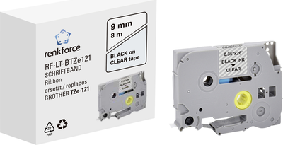 Schriftband Renkforce RF-LT-BTZe121 Kompatibel ersetzt Brother TZe-121 9 mm Bandfarbe: Transparent Schriftfarbe: Schwarz 8 m (RF-6027832)