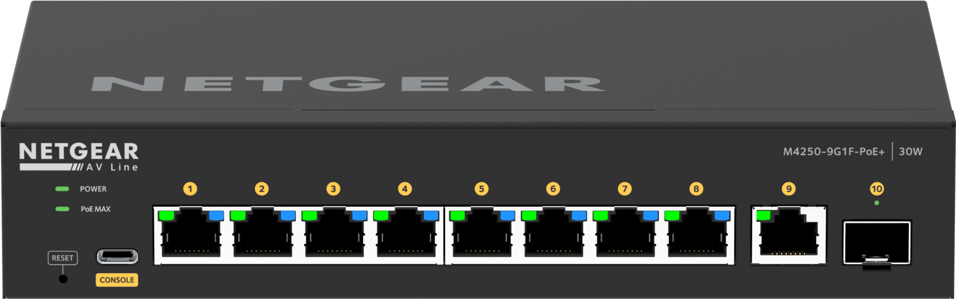 NETGEAR AV Line M4250-9G1F-PoE+ Managed Switch 10-Port Gigabit PoE+ Schwarz