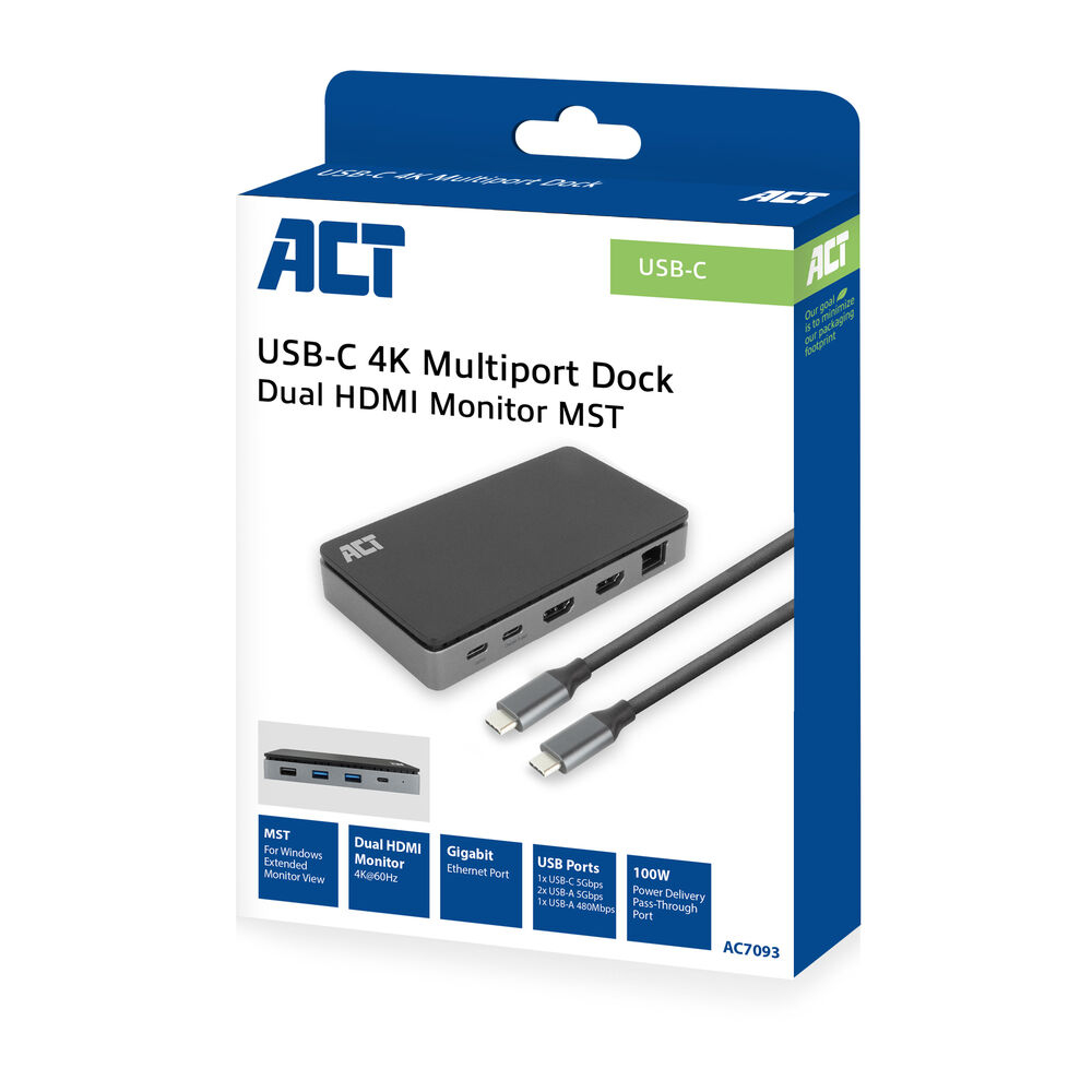 ACT AC7093 USB-C 3.2 Gen 1 Dockingstation 2x HDMI 4K MST Gigabit Ethernet 100 W PD Schwarz, Grau