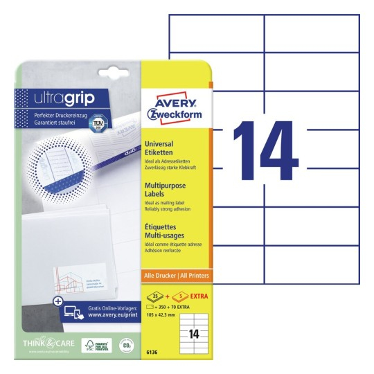 Avery Zweckform Universal-Etiketten 6136 A4 105 x 42,3 mm 30 Blatt Weiß