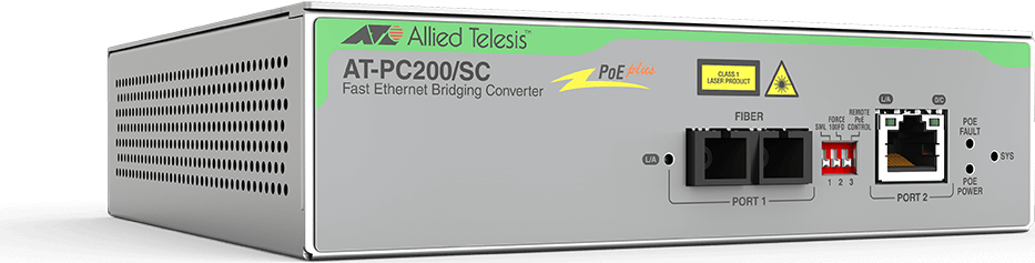 Allied Telesis Switch Two-port Fast Ethernet Power over Ethernet, 100TX POE+ to 100FX(SC) Media Converter, Multi-Region AC adapter (US/JP, UK, AU, EU) (AT-PC200/SC-60)