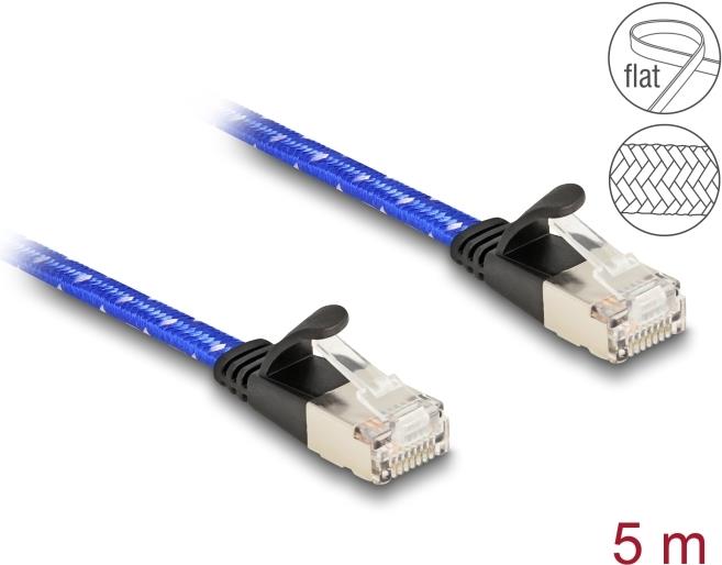 Delock RJ45 Flachband Netzwerkkabel mit Geflechtmantel Cat.6A U/FTP 5 m blau (80386)