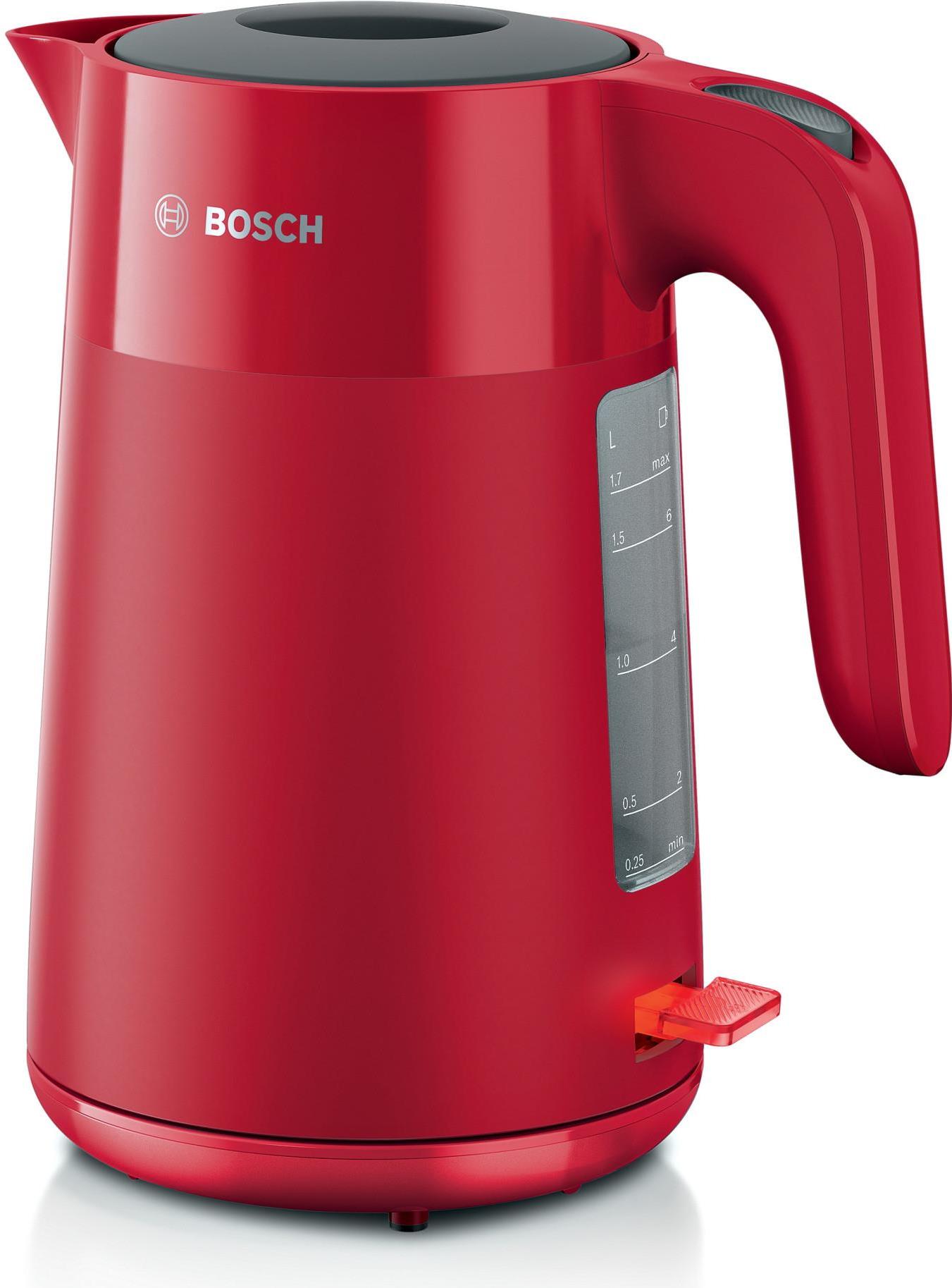 Bosch TWK2M164. Fassungsvermögen Wassertank: 1,7 l. Leistung: 2400 W. Produktfarbe: Schwarz, Grau, Rot, Gehäusematerial: Kunststoff, Wasserstandsanzeige, Überhitzungsschutz, Filterung (TWK2M164)