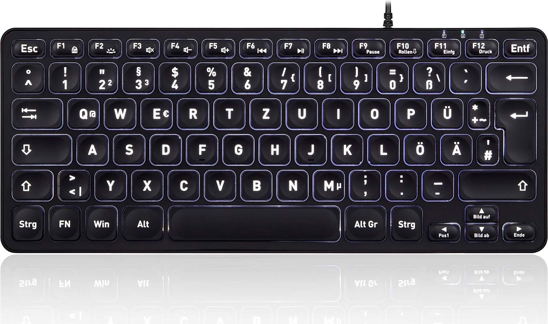 Perixx PERIBOARD-332B. Tastatur Formfaktor: Mini, Geräteschnittstelle: USB, Tastatur-Key Switch: Scherenschlüsselschalter, Tastaturaufbau: QWERTZ. Typ der Hintergrundbeleuchtung: LED. Kabellänge: 1,8 m. Empfohlene Nutzung: Universal. Produktfarbe: Schwarz (57155F)