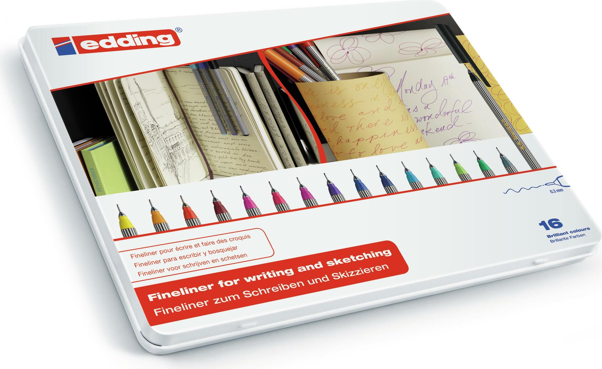 Edding 55. Schreibfarben: Schwarz, Blau, Braun, Grün, Grau, Orange, Pink, Rot, Violett, Gelb, Produktfarbe: Mehrfarbig, Form: Rund. Menge pro Packung: 16 Stück(e) (4-55-16)