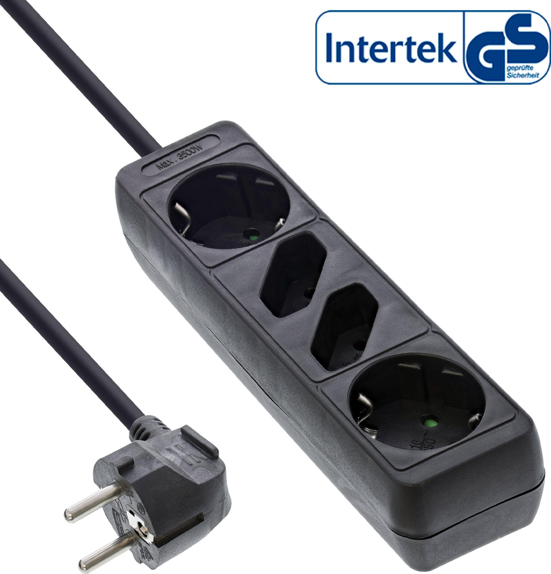 InLine Steckdosenleiste 4-fach, 2x Schutzkontakt + 2x Euro, 1,5 m, Schwarz