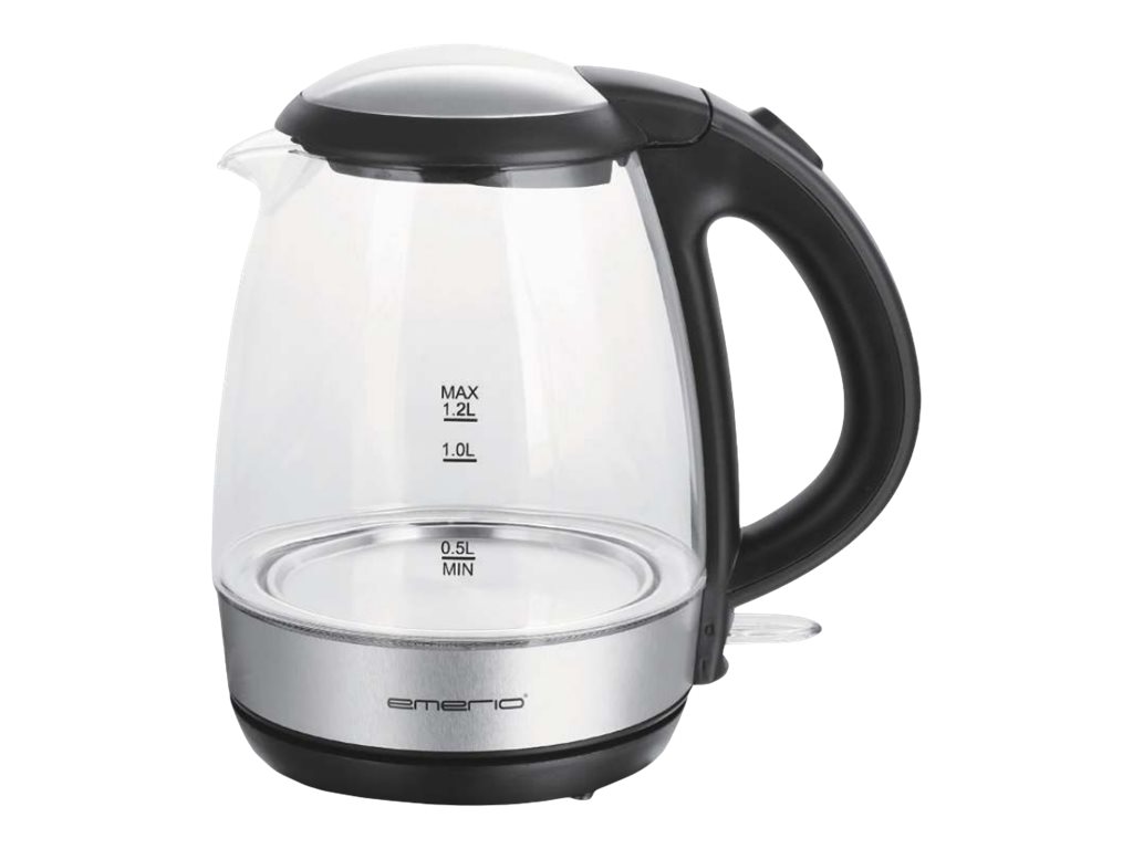 Emerio Wasserkocher WK-125145, 1,2 Liter, 2,2 kW, Glas, BPA-frei, Schwarz/Silber/Transparent