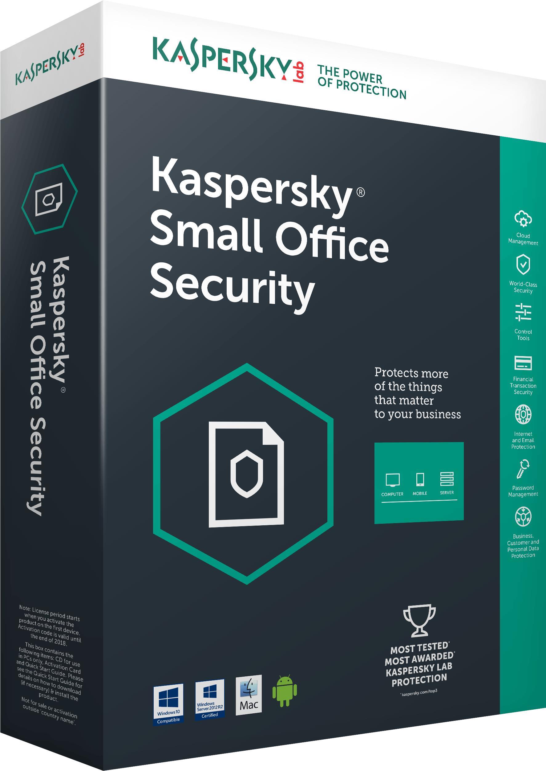 Kaspersky Small Office Security for Desktops, Mobiles and File Servers European Edition. 6-Mobile device; 6-Desktop; 1-FileServer; 6-User 1 year Base License Pack (KL4541XCFFS)