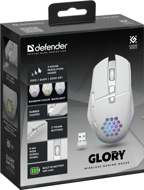 Defender Glory GM-514 Kabellose Gaming-Maus RF Wireless Optisch 3200 DPI Rechts Weiß